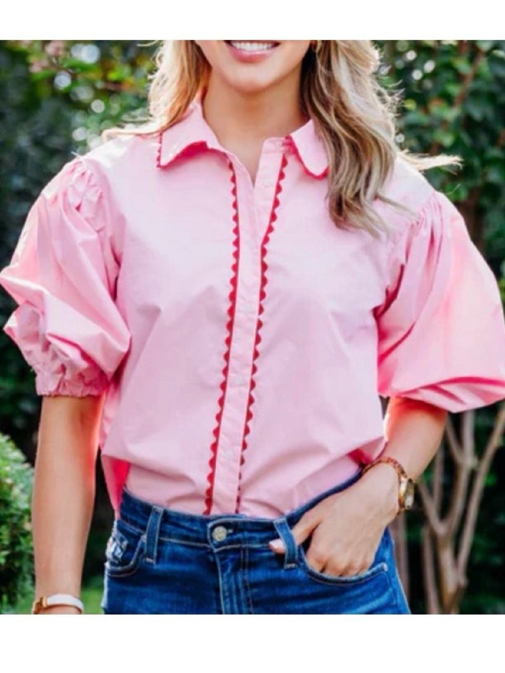 Karlie pink blouse with red scalloped Ric rac trim med